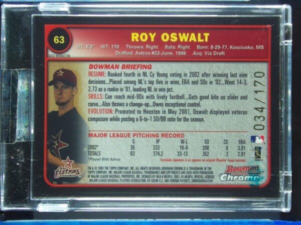 2003 Bowman Chrome Roy Oswalt Gold Refractors SN170 #63 Astros - Image 3