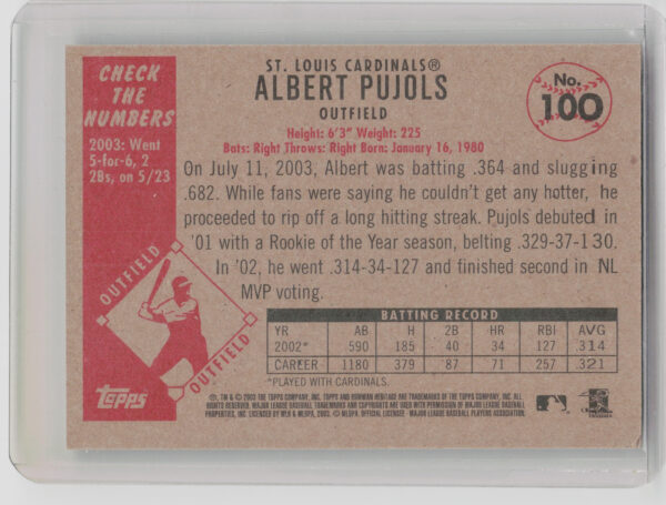 2003 Bowman Heritage Albert Pujols #100 Cardinals - Image 3