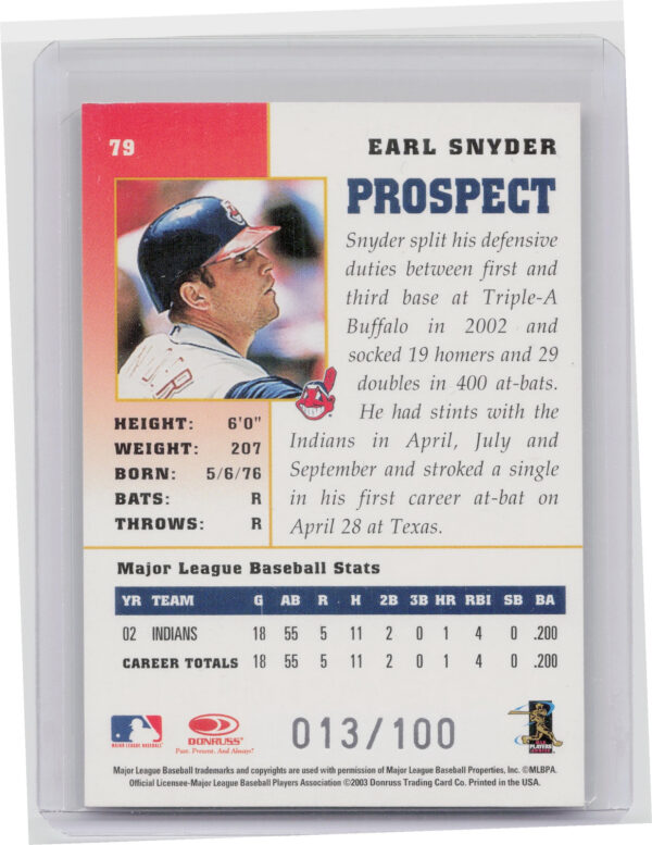 2003 Donruss Champions Earl Snyder Metalized SN100 #79 Indians - Image 3