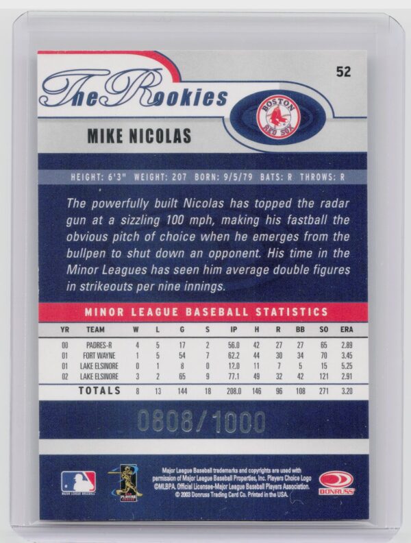 2003 Donruss/Leaf/Playoff (DLP) Rookies & Traded Mike Nicolas 2003 Donruss Rooki - Image 3