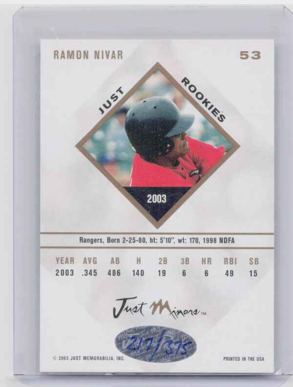2003 Just Rookies Ramon Nivar AU SN375 #53 Rangers Autographs - Image 3