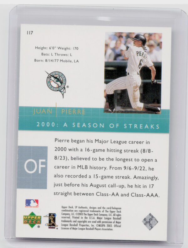 2003 SP Authentic Juan Pierre SN2500 #117 Marlins - Image 3