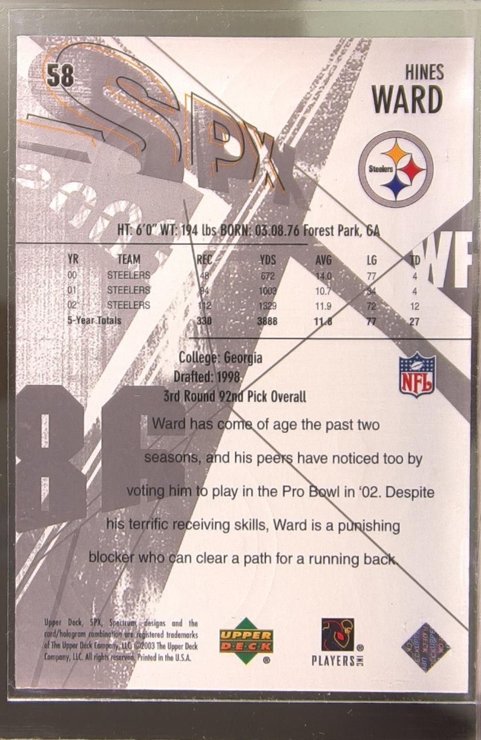 2003 SPx Hines Ward #58 Steelers - Image 3