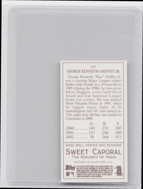 2003 Topps 205 Ken Griffey Jr. #117 Reds Sweet Caporal - Image 3