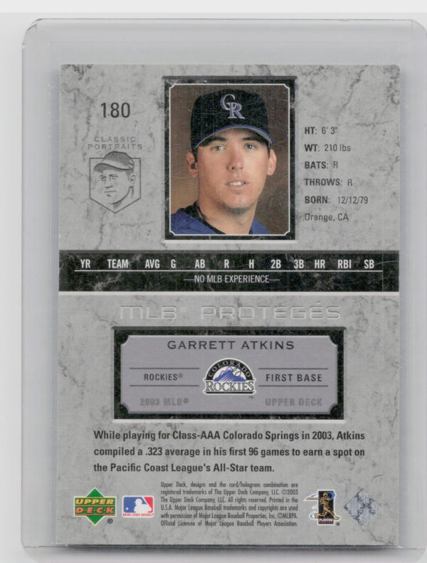 2003 Upper Deck Classic Portraits Garrett Atkins SN2003 #180 Rockies - Image 3
