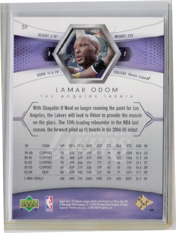 2004-05 SP Authentic Lamar Odom Limited SN100 #39 Lakers - Image 3