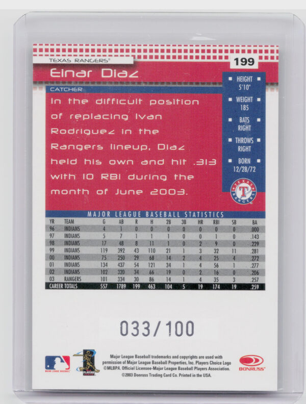 2004 Donruss Einar Diaz Press Proofs Blue SN100 #199 Rangers - Image 3