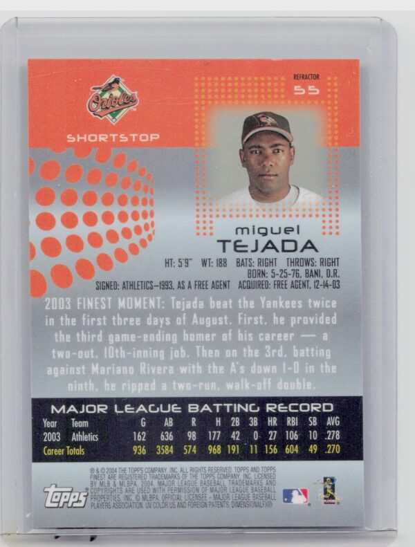 2004 Finest Miguel Tejada Refractors #55 Orioles - Image 3