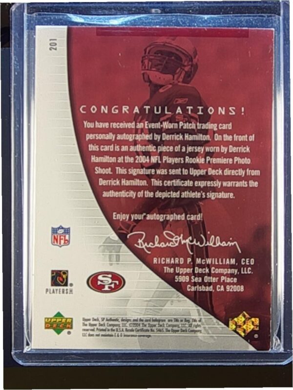 2004 SP Authentic Derrick Hamilton JSY Auto RC /799 #200 49ers - Image 3