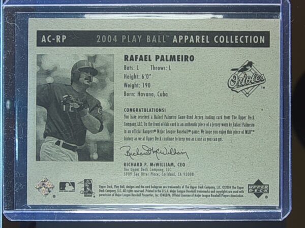 2004 UD Play Ball Rafael Palmeiro JSY #AC-RP Orioles Apparel Collection - Image 3