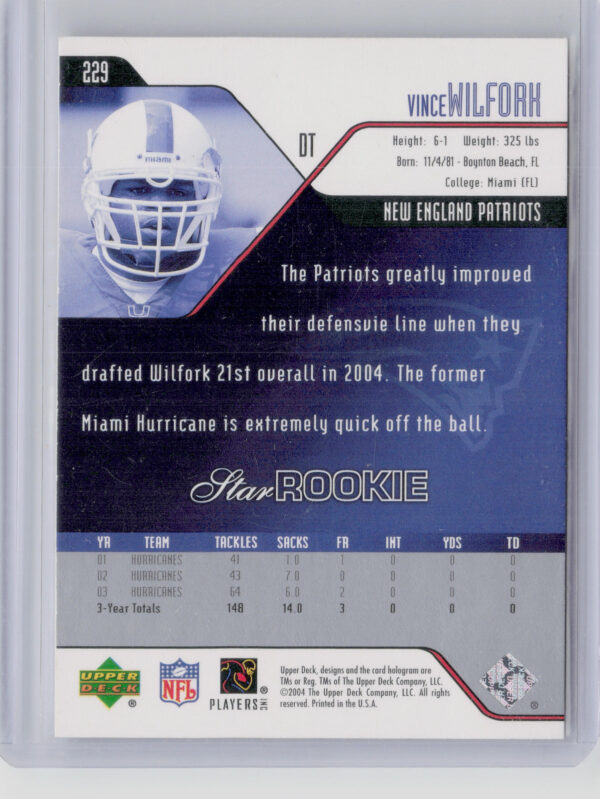2004 Upper Deck Vince Wilfork #229 Patriots - Image 3