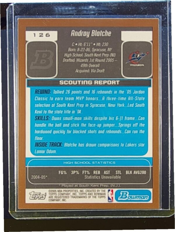 2005-06 Bowman Andray Blatche Gold #126 Wizards - Image 3
