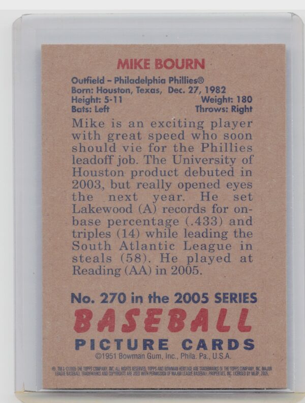 2005 Bowman Heritage Mike Bourn RC #270 Phillies - Image 3