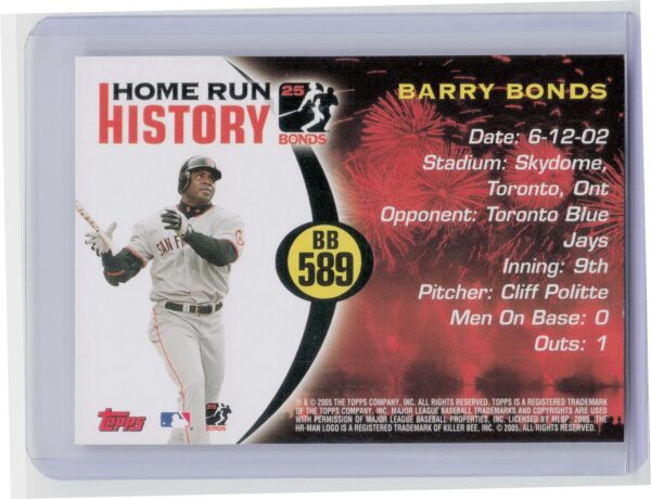 2005 Topps Updates & Highlights Barry Bonds #BB 598 Giants Barry Bonds Home Run - Image 3