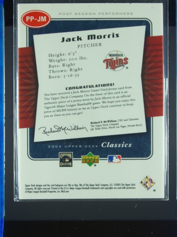 2005 Upper Deck Classics Jack Morris MEM #PP-JM Twins Post Season Performers Mat - Image 3