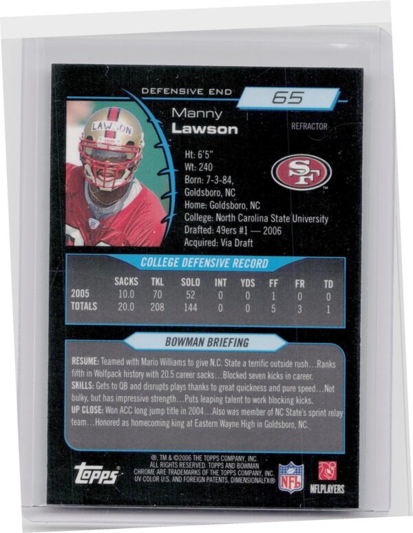 2006 Bowman Chrome Manny Lawson Refractors #65 49ers - Image 3