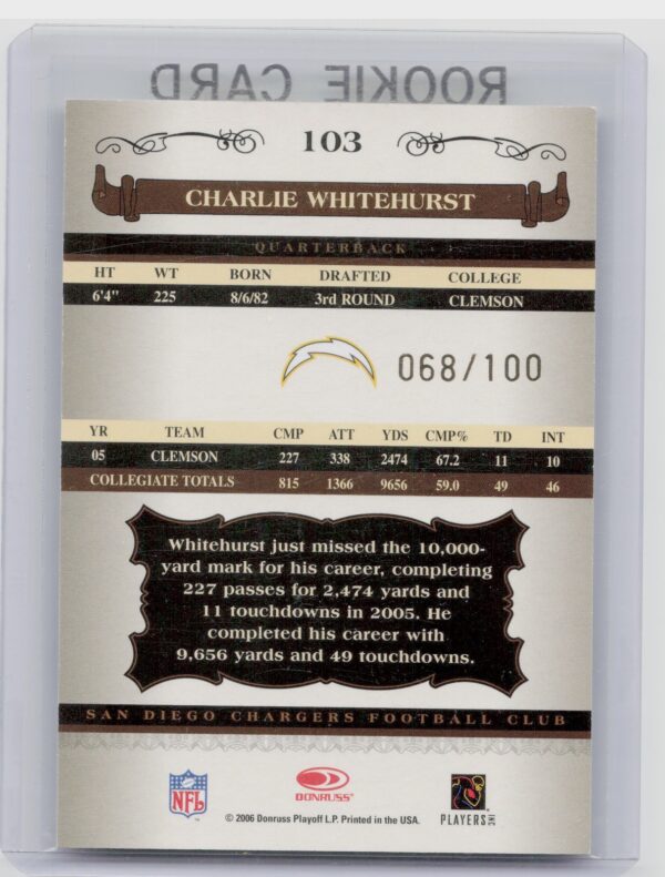2006 Donruss Classics Charlie Whitehurst Timeless Tributes Bronze /100 #103 Cha - Image 3
