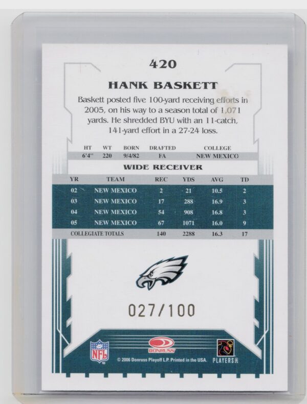 2006 Score Scorecard Select Hank Basket Rookie /100 #420 Eagles - Image 3