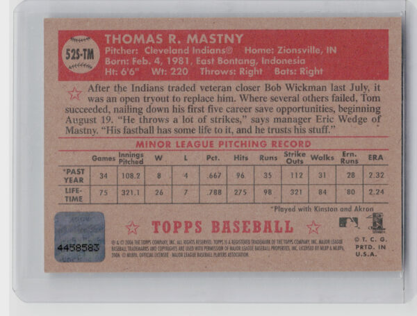 2006 Topps '52 Rookies Tom Mastny AU #52S-TM Indians Signatures - Image 3