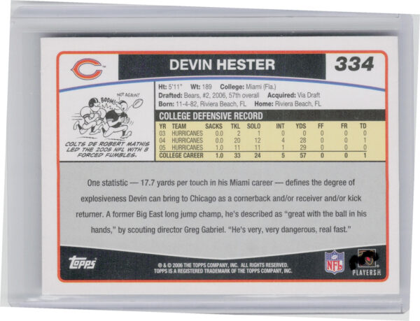 2006 Topps Devin Hester RC #334 Bears - Image 3