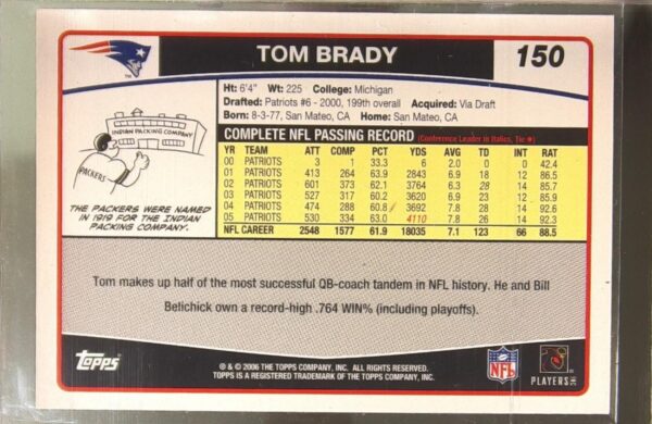 2006 Topps Tom Brady #150 Patriots - Image 3