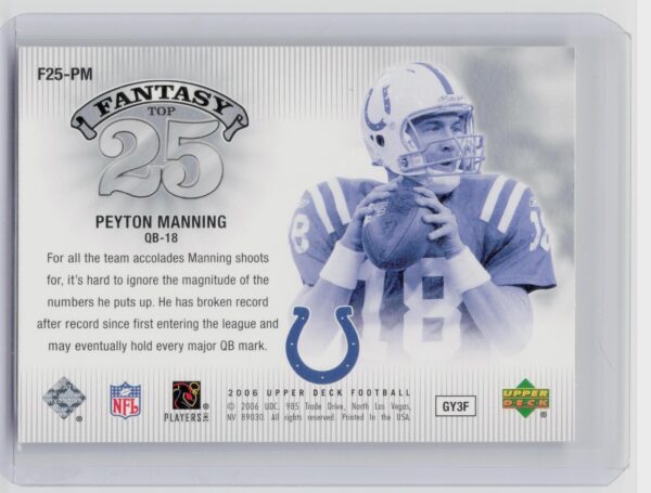 2006 Upper Deck Peyton Manning #F25-PM Colts Fantasy Top 25 - Image 3