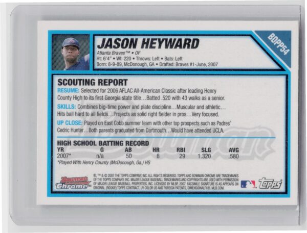 2007 Bowman Draft Picks & Prospects Jason Heyward #BDPP54 Braves Chrome Prospect - Image 3