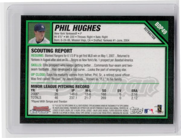 2007 Bowman Draft Picks & Prospects Phil Hughes Chrome Refractors #BDP49 Yankees - Image 3