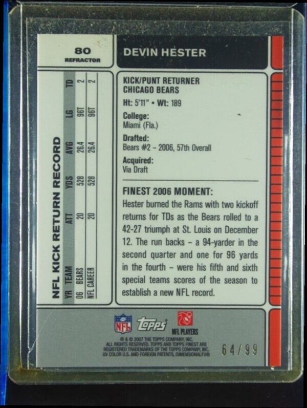 2007 Finest Devin Hester Black Refractors SN99 #80 Bears - Image 3