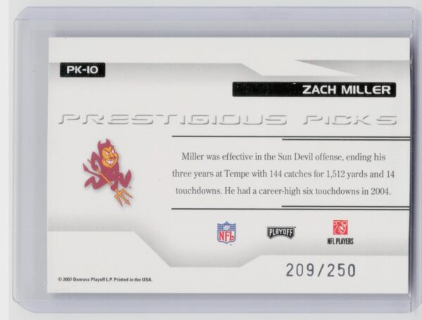 2007 Playoff Prestige Zach Miller /250 #PK-10 Devils Prestigious Picks Purple - Image 3