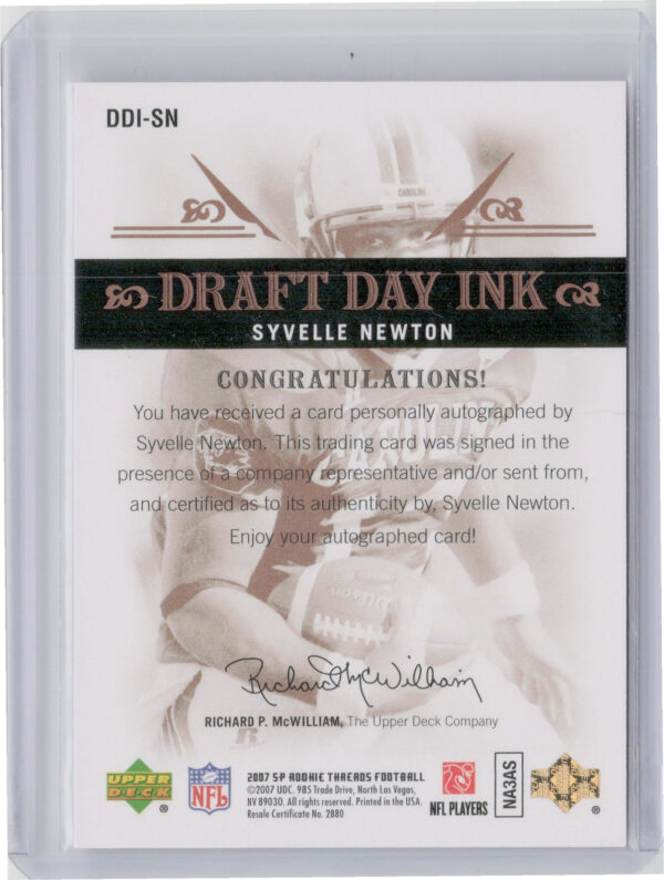 2007 SP Rookie Threads Syvelle Newton AU #DDI-SN Gamecocks Draft Day Ink - Image 3