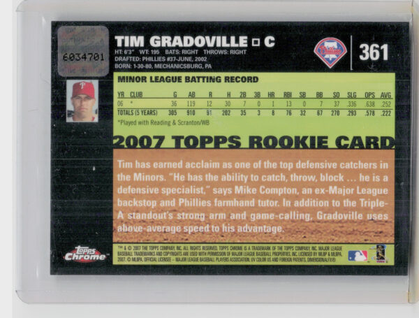 2007 Topps Chrome Tim Gradoville AU RC #361 Phillies - Image 3