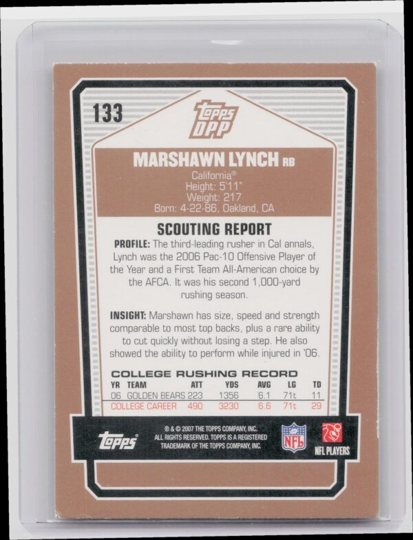 2007 Topps Draft Picks & Prospects Marshawn Lynch #133 Bears - Image 3