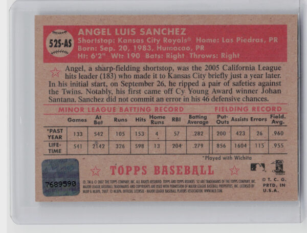 2007 Topps Rookie 1952 Edition Angel Sanchez AU #52S-AS Royals Signatures - Image 3