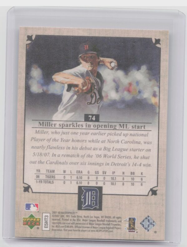 2007 Upper Deck Masterpieces Andrew Miller RC #74 Tigers - Image 3