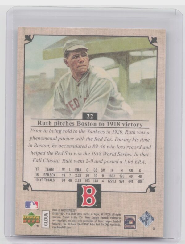 2007 Upper Deck Masterpieces Babe Ruth #22 Sox - Image 3
