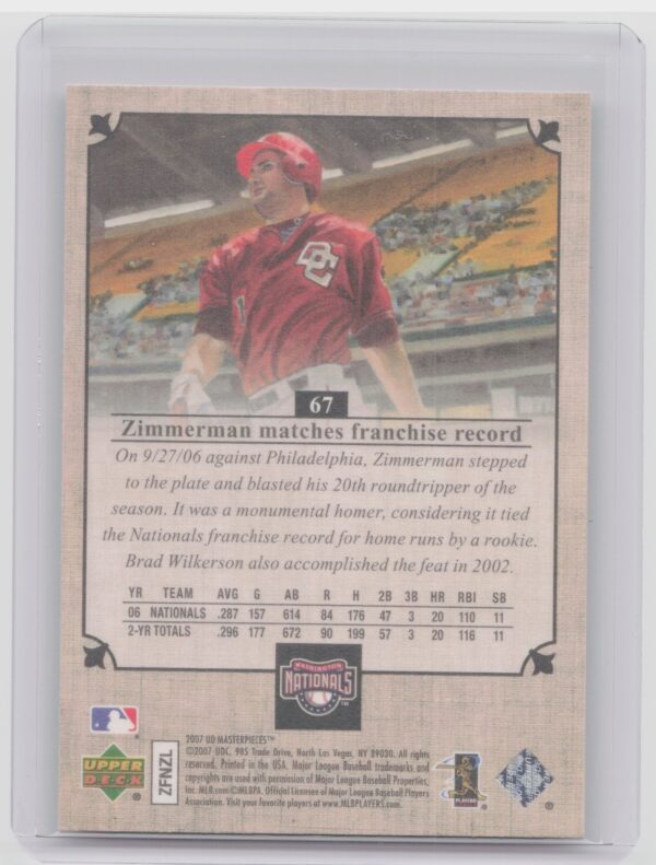 2007 Upper Deck Masterpieces Ryan Zimmerman #67 Nationals - Image 3