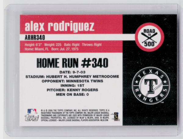 2008 Finest Alex Rodriguez #ARHR340 Rangers Alex Rodriguez: Road to 500 - Image 3