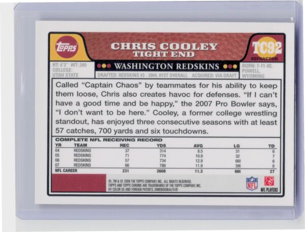 2008 Topps Chrome Chris Cooley Refractors #TC92 Redskins - Image 3