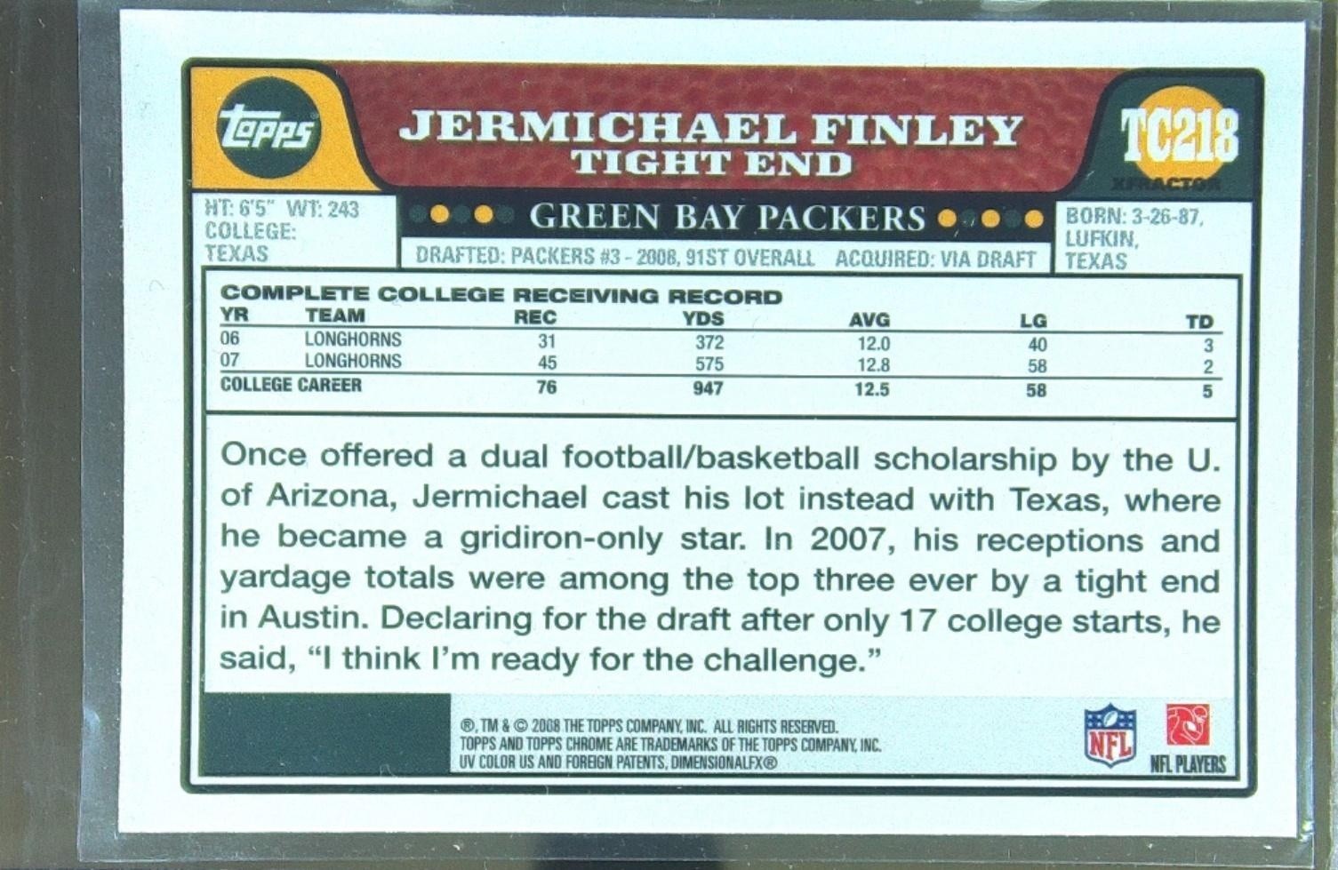 2008 Topps Chrome Jermichael Finley Xfractors RC #TC218 Packers - Image 3