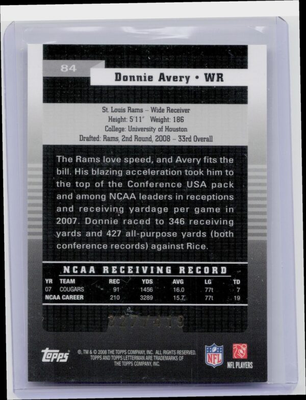 2008 Topps Letterman Donnie Avery /419 RC #84 Rams - Image 3