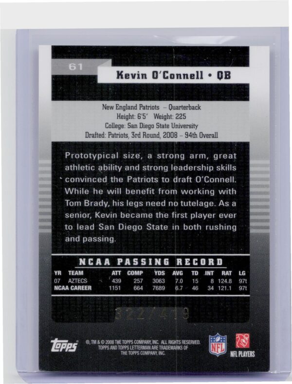 2008 Topps Letterman Kevin O'Connell /419 RC #61 Patriots - Image 3