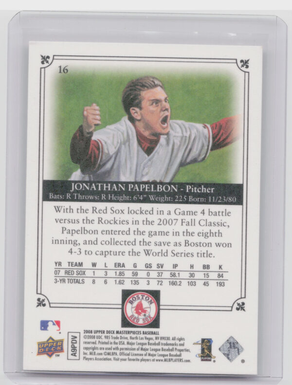 2008 Upper Deck Masterpieces Jonathan Papelbon #16 Sox - Image 3