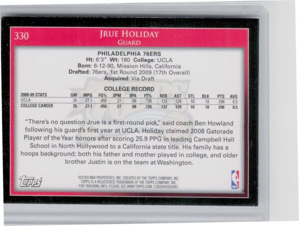 2009-10 Topps Jrue Holiday RC #330 76ers - Image 3