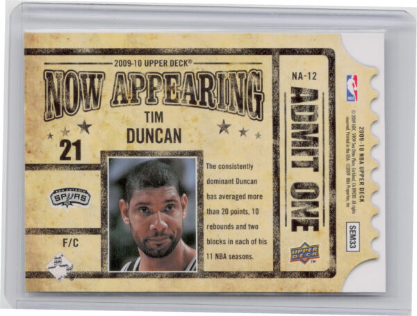 2009-10 Upper Deck Tim Duncan #NA-12 Spurs Now Appearing - Image 3