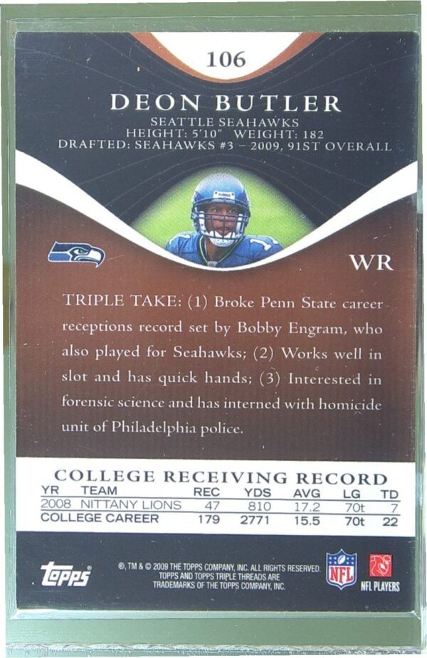 2009 Topps Triple Threads Deon Butler Auto /30 JSY #106 Seahawks Rookie RPA - Image 3