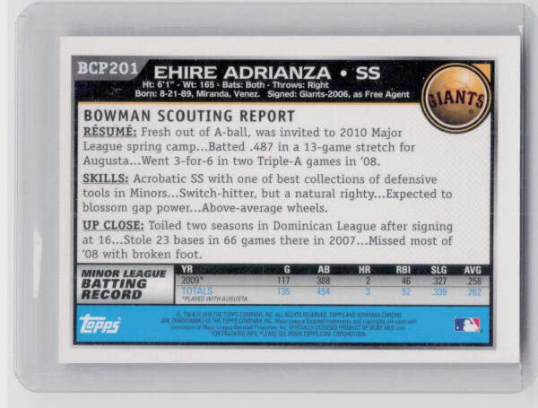 2010 Bowman Chrome Ehire Adrianza AU #BCP201 Giants Prospects Autographs - Image 3