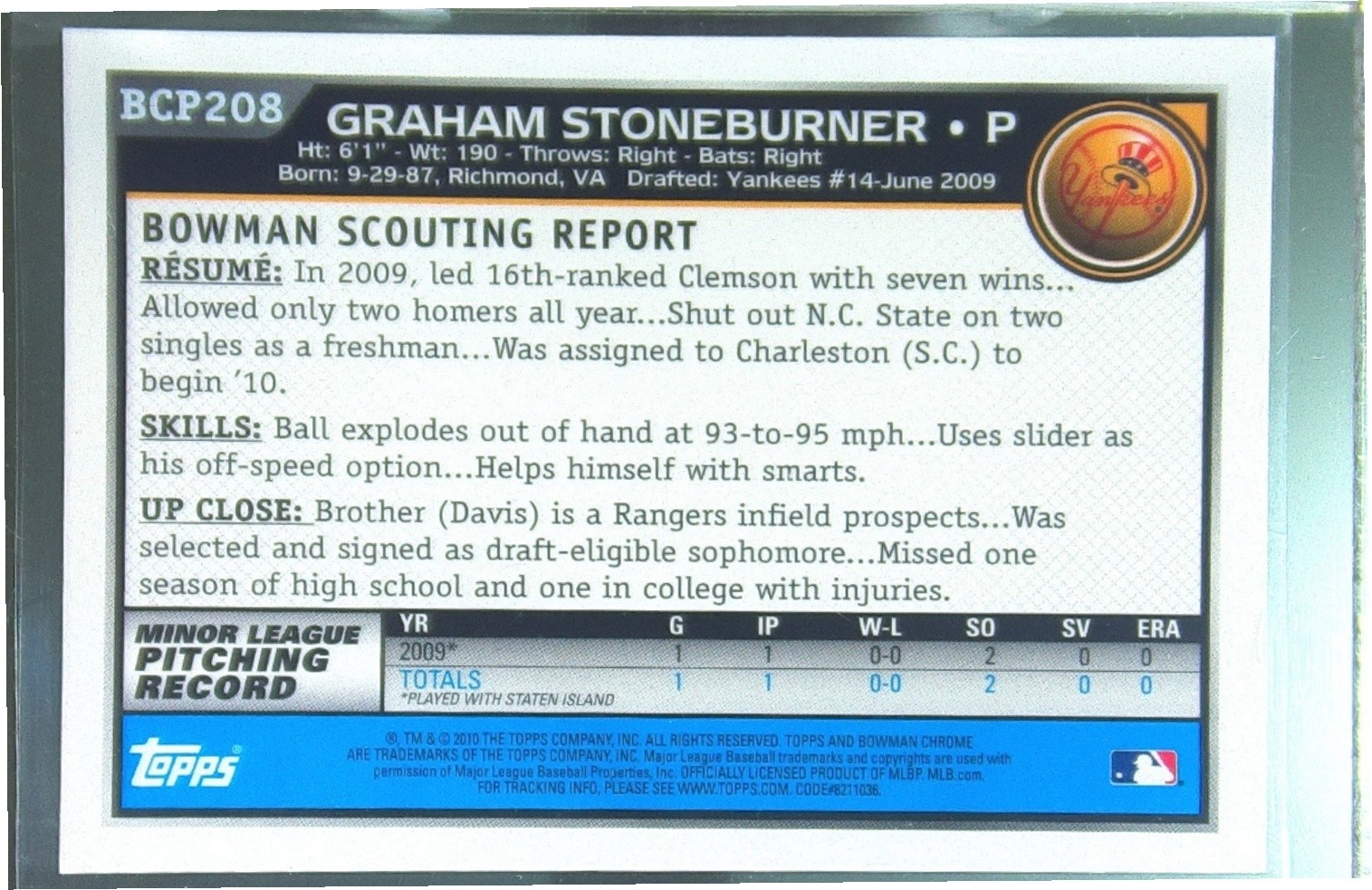 2010 Bowman Chrome Graham Stoneburner Auto #BCP208 Yankees Prospects Autographs - Image 3