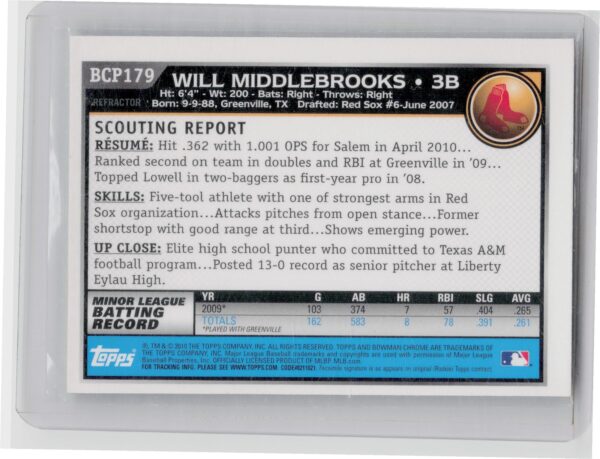 2010 Bowman Chrome Will Middlebrooks #BCP179 Sox Prospects Green X Fractors - Image 3