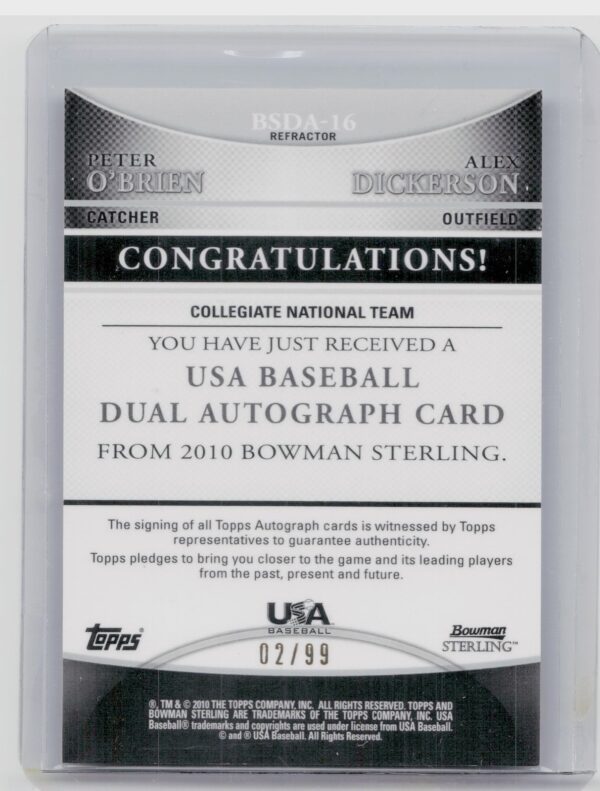 2010 Bowman Sterling Peter O'Brien / Alex Dickerson AU SN99 #BSDA-16 Team USA Ba - Image 3